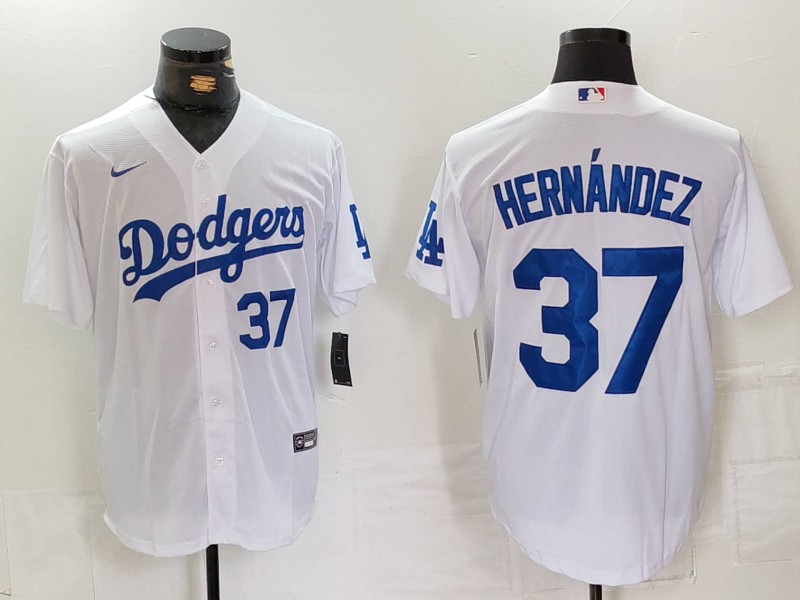 Men's Los Angeles Dodgers #37 Teoscar Hernández White Cool Base Stitched Baseball Jersey 2 Men's Los Angeles Dodgers #37 Teoscar Hernández White Cool Base Stitched Baseball Jersey 2
