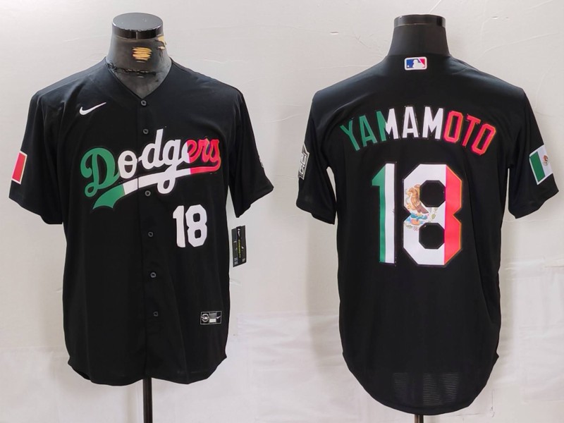 Men's Los Angeles Dodgers #18 Yoshinobu Yamamoto Black Mexico Cool Base Stitched Baseball Jersey 4