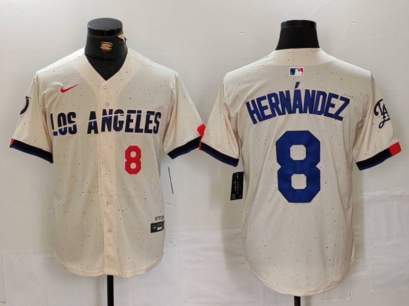 Men's Los Angeles Dodgers #8 Kiké Hernández Cream Stitched Baseball Jersey 3 Men's Los Angeles Dodgers #8 Kiké Hernández Cream Stitched Baseball Jersey 3