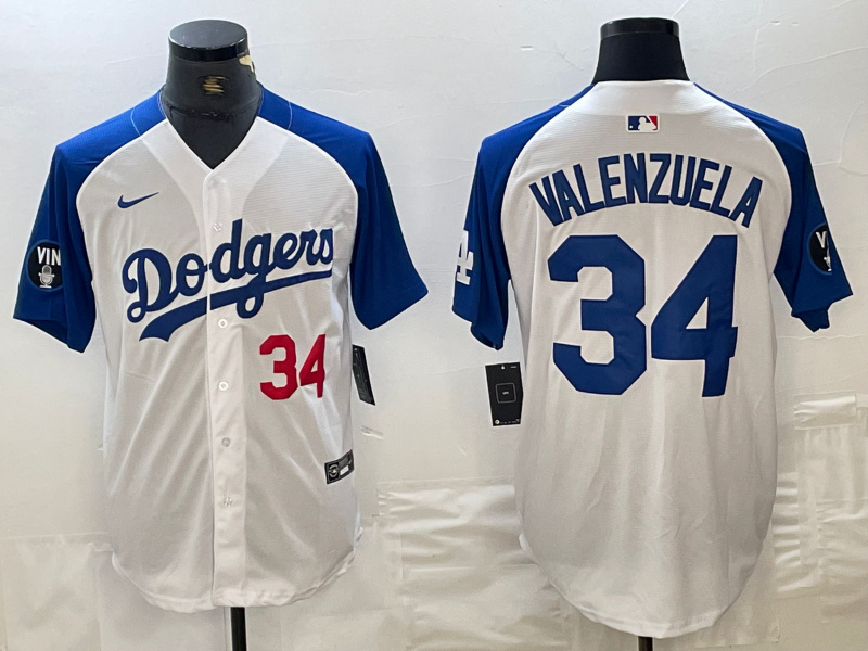 Men's Los Angeles Dodgers #34 Toro Valenzuela White Blue Vin Patch Cool Base Stitched Baseball Jersey 10 Men's Los Angeles Dodgers #34 Toro Valenzuela White Blue Vin Patch Cool Base Stitched Baseball Jersey 10