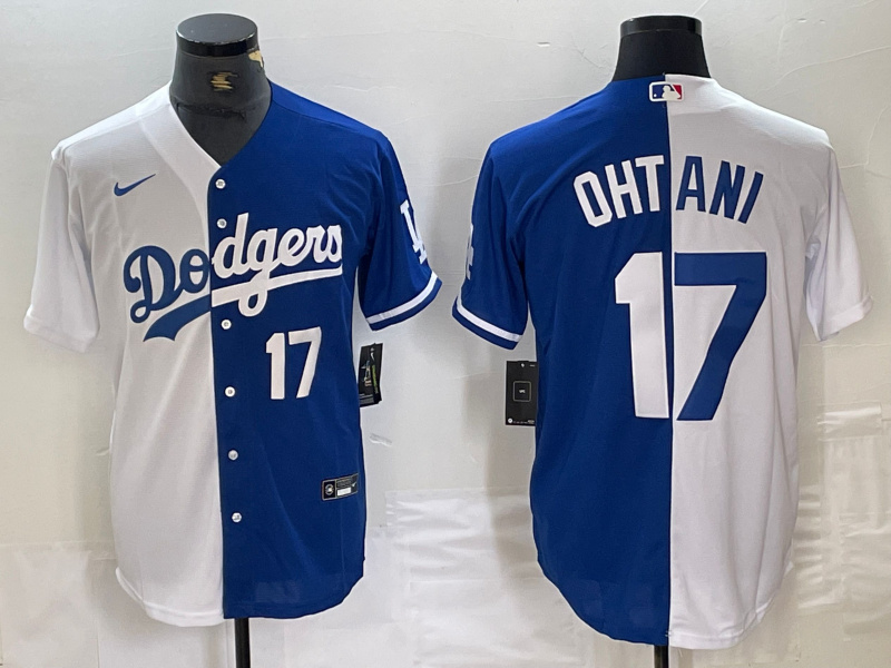 Men's Los Angeles Dodgers #17 Shohei Ohtani White Blue Split Cool Base Stitched Baseball Jersey 1 Men's Los Angeles Dodgers #17 Shohei Ohtani White Blue Split Cool Base Stitched Baseball Jersey 1