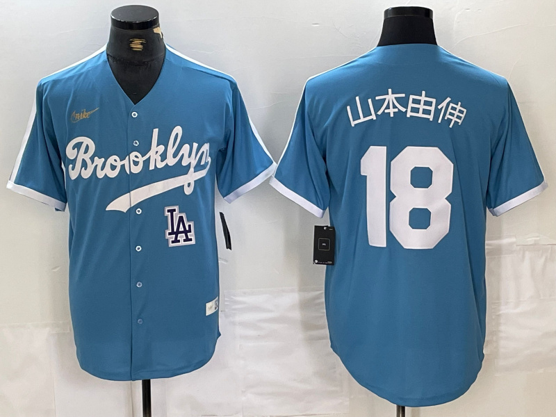 Men's Los Angeles Dodgers #18 山本由伸 Light Blue Throwback Cool Base Stitched Baseball Jerseys