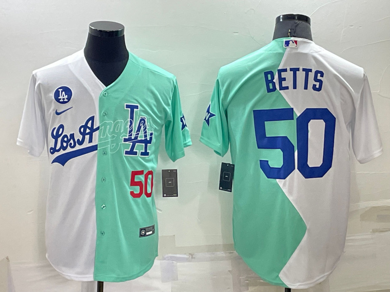 Men's Los Angeles Dodgers #50 Mookie Betts 2022 All-Star White-Green Cool Base Stitched Baseball Jersey Men's Los Angeles Dodgers #50 Mookie Betts 2022 All-Star White-Green Cool Base Stitched Baseball Jersey
