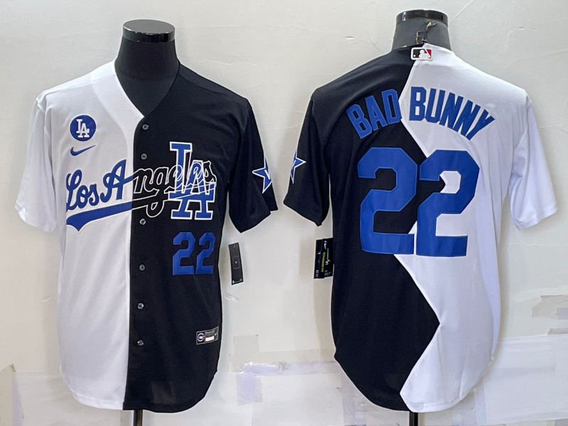 Men's Los Angeles Dodgers #22 Bad Bunny 2022 All-Star White-Black Split Cool Base Stitched Jersey Men's Los Angeles Dodgers #22 Bad Bunny 2022 All-Star White-Black Split Cool Base Stitched Jersey
