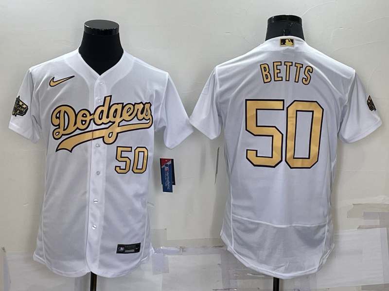 Men's Los Angeles Dodgers #50 Mookie Betts 2022 All-Star White Flex Base Stitched Baseball Jersey Men's Los Angeles Dodgers #50 Mookie Betts 2022 All-Star White Flex Base Stitched Baseball Jersey