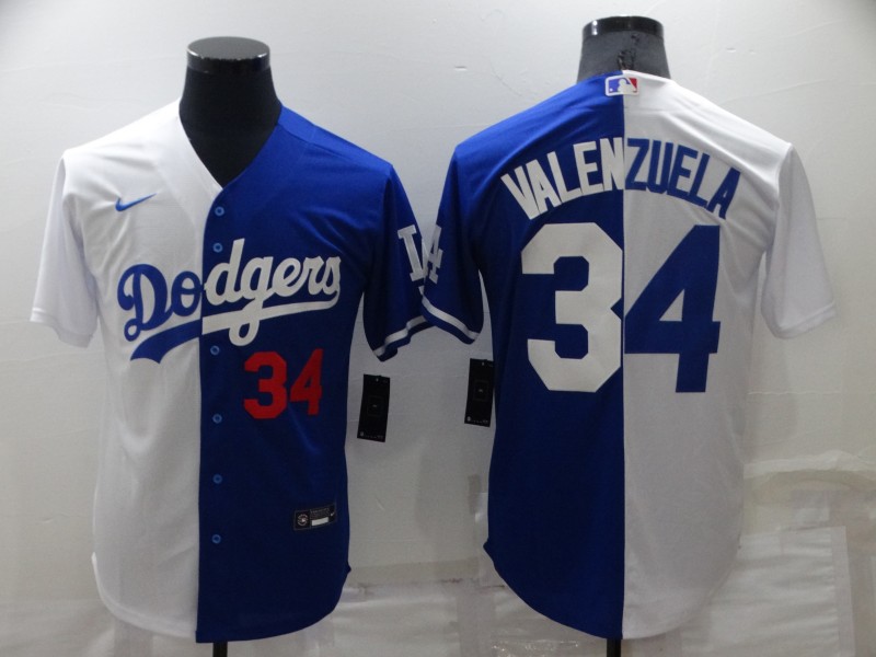 Men's Los Angeles Dodgers #34 Toro Valenzuela White Blue Split Cool Base Stitched Baseball Jersey Men's Los Angeles Dodgers #34 Toro Valenzuela White Blue Split Cool Base Stitched Baseball Jersey