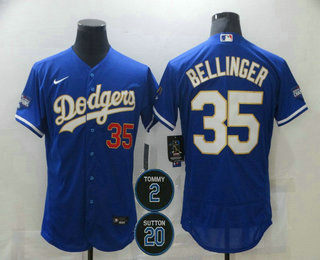 Men's Los Angeles Dodgers #35 Cody Bellinger Blue Gold #2 #20 Patch Stitched MLB Flex Base Nike Jersey Men's Los Angeles Dodgers #35 Cody Bellinger Blue Gold #2 #20 Patch Stitched MLB Flex Base Nike Jersey