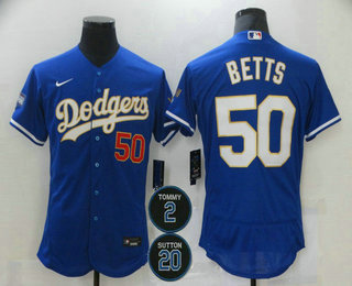 Men's Los Angeles Dodgers #50 Mookie Betts Blue Gold #2 #20 Patch Stitched MLB Flex Base Nike Jersey Men's Los Angeles Dodgers #50 Mookie Betts Blue Gold #2 #20 Patch Stitched MLB Flex Base Nike Jersey