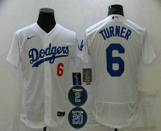 Men's Los Angeles Dodgers #6 Trea Turner White #2 #20 Patch Stitched MLB Flex Base Nike Jersey Men's Los Angeles Dodgers #6 Trea Turner White #2 #20 Patch Stitched MLB Flex Base Nike Jersey