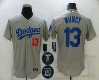 Men's Los Angeles Dodgers #13 Max Muncy Grey #2 #20 Patch Stitched MLB Flex Base Nike Jersey Men's Los Angeles Dodgers #13 Max Muncy Grey #2 #20 Patch Stitched MLB Flex Base Nike Jersey