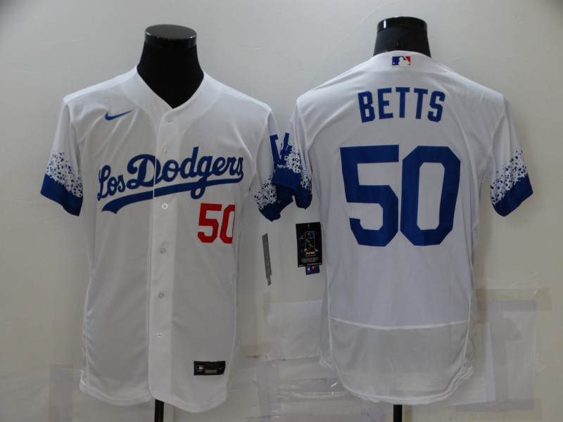 Men's Los Angeles Dodgers #50 Mookie Betts White 2021 City Connect Flex Base Stitched Jersey Men's Los Angeles Dodgers #50 Mookie Betts White 2021 City Connect Flex Base Stitched Jersey
