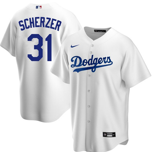 Men's Los Angeles Dodgers #31 Max Scherzer White Home Cool Base Jersey Men's Los Angeles Dodgers #31 Max Scherzer White Home Cool Base Jersey