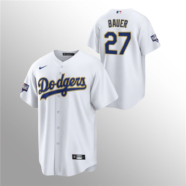 Men's Dodgers #27 Trevor Bauer White 2021 Gold Program Replica Jersey Men's Dodgers #27 Trevor Bauer White 2021 Gold Program Replica Jersey