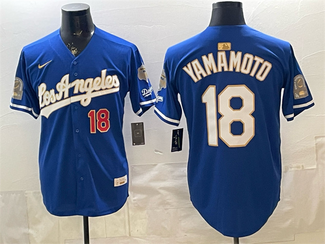 Men's Los Angeles Dodgers #18 Yoshinobu Yamamoto Royal 2026 Gold Collection 9x & B2B Champs Patch Stitched Baseball Jersey Men's Los Angeles Dodgers #18 Yoshinobu Yamamoto Royal 2026 Gold Collection 9x & B2B Champs Patch Stitched Baseball Jersey