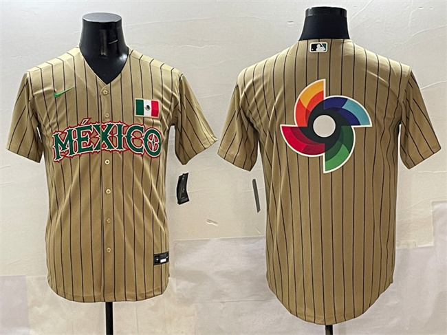 Men's Mexico Baseball Tan 2023 World Baseball Classic Team Big Logo Stitched Jersey 1 Men's Mexico Baseball Tan 2023 World Baseball Classic Team Big Logo Stitched Jersey 1