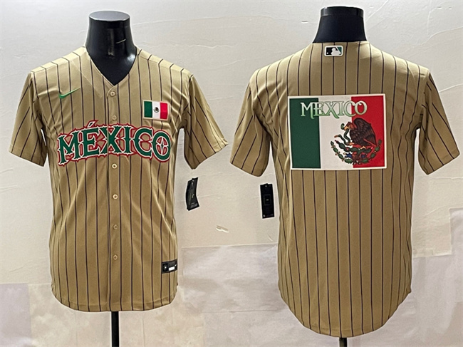 Men's Mexico Baseball Tan 2023 World Baseball Classic Team Big Logo Stitched Jersey Men's Mexico Baseball Tan 2023 World Baseball Classic Team Big Logo Stitched Jersey