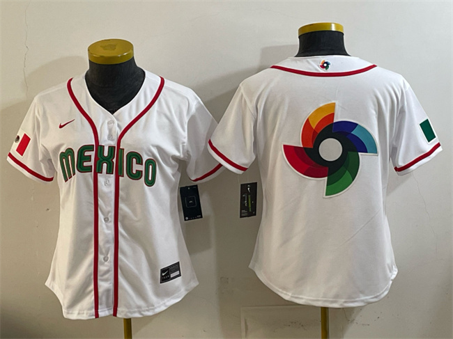 Women's Mexico Baseball White 2026 World Baseball Classic Big Logo Home Stadium Stitched Baseball Jersey(Run Small)s Women's Mexico Baseball White 2026 World Baseball Classic Big Logo Home Stadium Stitched Baseball Jersey(Run Small)s