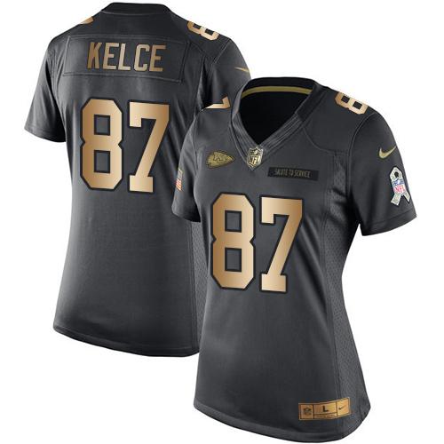 Nike Chiefs #87 Travis Kelce Black Women's Stitched NFL Limited Gold Salute to Service Jersey