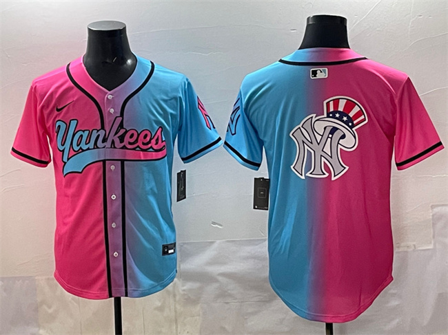 Men's New York Yankees Team Big Logo Pink Blue Limited Stitched Baseball Jersey Men's New York Yankees Team Big Logo Pink Blue Limited Stitched Baseball Jersey