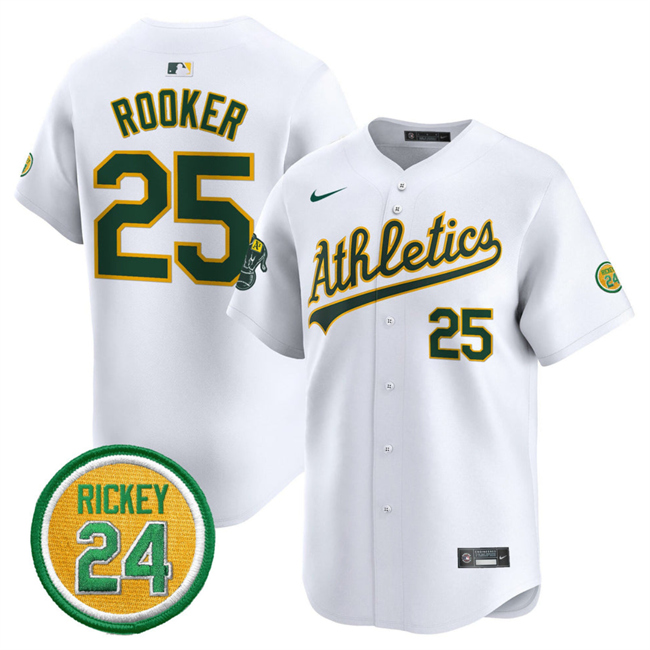 Men's Oakland Athletics #25 Brent Rooker White 2024 Home Limited With Rickey Henderson Patch Stitched Jersey Men's Oakland Athletics #25 Brent Rooker White 2024 Home Limited With Rickey Henderson Patch Stitched Jersey