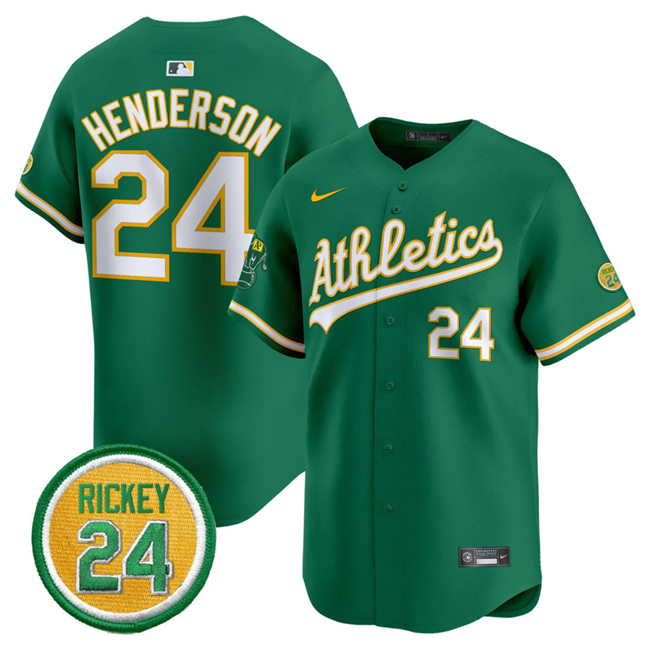 Men's Oakland Athletics #24 Rickey Henderson Green 2024 Limited With Rickey Henderson Patch Stitched Jersey Men's Oakland Athletics #24 Rickey Henderson Green 2024 Limited With Rickey Henderson Patch Stitched Jersey