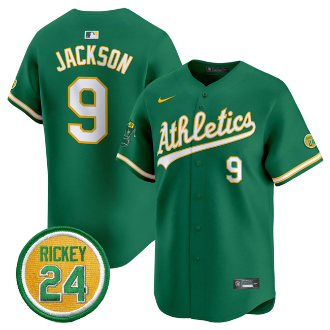 Men's Oakland Athletics #9 Reggie Jackson Green 2024 Limited With Rickey Henderson Patch Stitched Jersey Men's Oakland Athletics #9 Reggie Jackson Green 2024 Limited With Rickey Henderson Patch Stitched Jersey