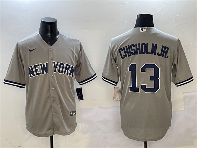 Men's New York Yankees #13 Jazz Chisholm Jr. Grey Cool Base Stitched Baseball Jersey Men's New York Yankees #13 Jazz Chisholm Jr. Grey Cool Base Stitched Baseball Jersey