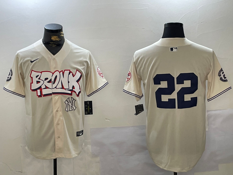 Men's New York Yankees #22 Juan Soto Cream Bronx Graffiti V2 Vapor Limited Stitched Baseball Jersey 2 Men's New York Yankees #22 Juan Soto Cream Bronx Graffiti V2 Vapor Limited Stitched Baseball Jersey 2