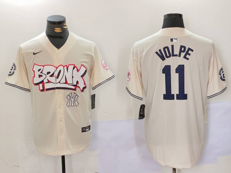 Men's New York Yankees #11 Anthony Volpe Cream The Bronx Graffiti V2 Vapor Limited Stitched Baseball Jersey 3 Men's New York Yankees #11 Anthony Volpe Cream The Bronx Graffiti V2 Vapor Limited Stitched Baseball Jersey 3