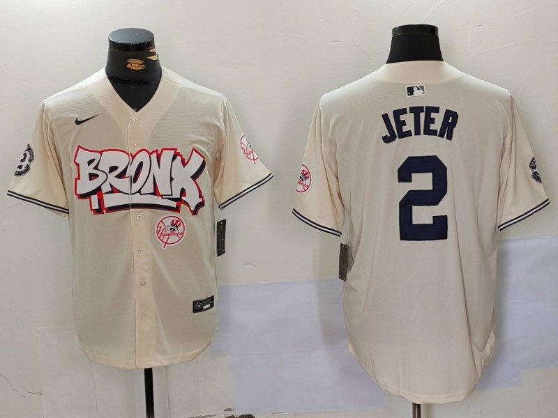 Men's New York Yankees #2 Derek Jeter Cream The Bronx Graffiti V2 Vapor Limited Stitched Baseball Jersey 5 Men's New York Yankees #2 Derek Jeter Cream The Bronx Graffiti V2 Vapor Limited Stitched Baseball Jersey 5