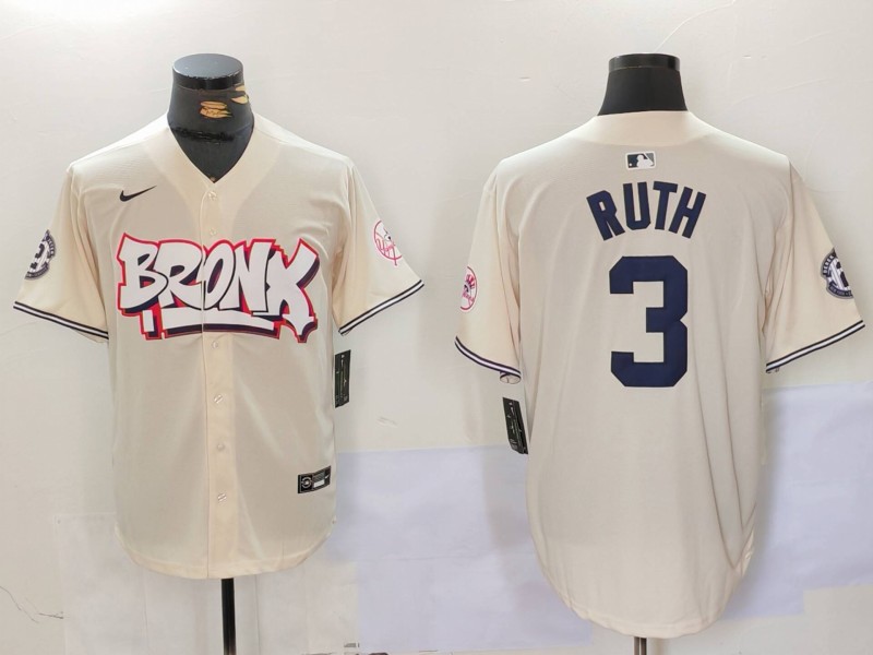 Men's New York Yankees #3 Babe Ruth Cream The Bronx Graffiti V2 Vapor Limited Stitched Baseball Jersey 3 Men's New York Yankees #3 Babe Ruth Cream The Bronx Graffiti V2 Vapor Limited Stitched Baseball Jersey 3