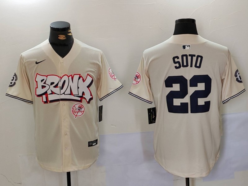 Men's New York Yankees #22 Juan Soto Cream The Bronx Graffiti V2 Vapor Limited Stitched Baseball Jersey Men's New York Yankees #22 Juan Soto Cream The Bronx Graffiti V2 Vapor Limited Stitched Baseball Jersey