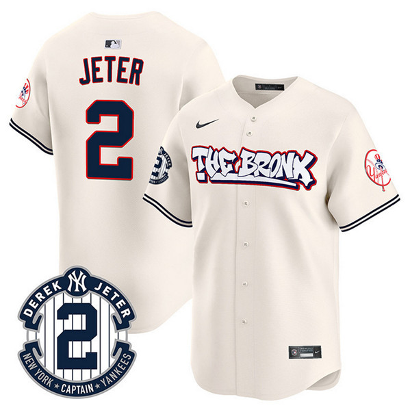 Men's New York Yankees #2 Derek Jeter Cream The Bronx Graffiti V2 Vapor Limited Stitched Baseball Jersey Men's New York Yankees #2 Derek Jeter Cream The Bronx Graffiti V2 Vapor Limited Stitched Baseball Jersey