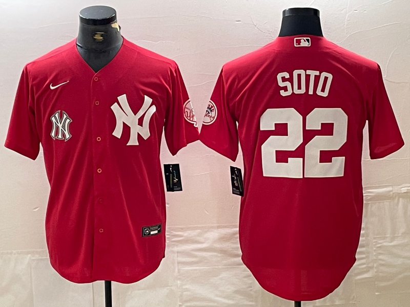 Men's New York Yankees #22 Juan Soto Red Cool Base Stitched Baseball Jersey 3 Men's New York Yankees #22 Juan Soto Red Cool Base Stitched Baseball Jersey 3