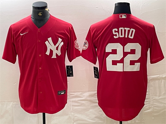 Men's New York Yankees #22 Juan Soto Red Cool Base Stitched Baseball Jersey Men's New York Yankees #22 Juan Soto Red Cool Base Stitched Baseball Jersey