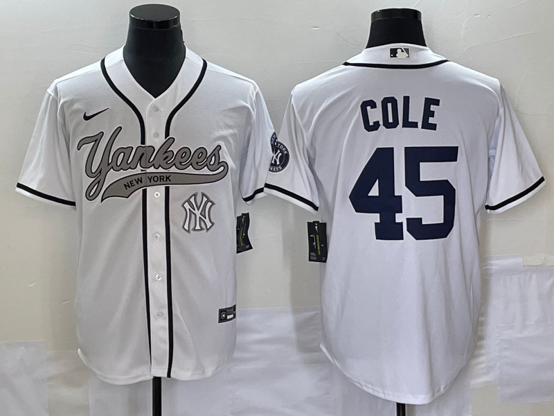 Men's New York Yankees #45 Gerrit Cole White With Patch Cool Base Stitched Baseball Jersey Men's New York Yankees #45 Gerrit Cole White With Patch Cool Base Stitched Baseball Jersey