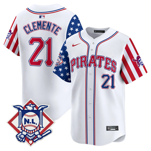 Men's Pittsburgh Pirates #21 Roberto Clemente White 2024 Fourth of July Vapor Limited Stitched Baseball Jersey Men's Pittsburgh Pirates #21 Roberto Clemente White 2024 Fourth of July Vapor Limited Stitched Baseball Jersey