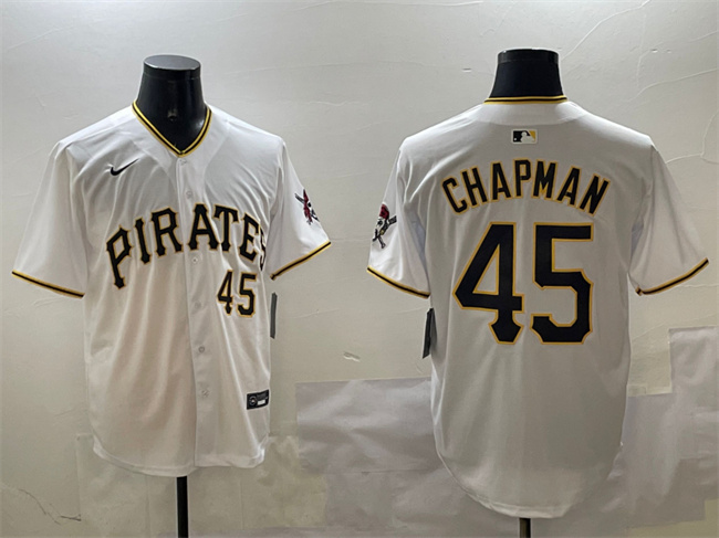 Men's Pittsburgh Pirates #45 Aroldis Chapman White Home Limited Stitched Baseball Jersey Men's Pittsburgh Pirates #45 Aroldis Chapman White Home Limited Stitched Baseball Jersey