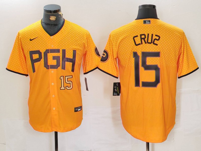 Men's Pittsburgh Pirates #15 Oneil Cruz Gold City Connect Stitched Jersey 1 Men's Pittsburgh Pirates #15 Oneil Cruz Gold City Connect Stitched Jersey 1