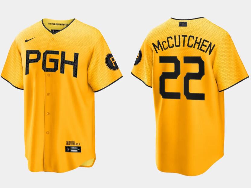 Men's Pittsburgh Pirates #22 Andrew McCutchen Gold 2023 City Connect Stitched Jersey Men's Pittsburgh Pirates #22 Andrew McCutchen Gold 2023 City Connect Stitched Jersey