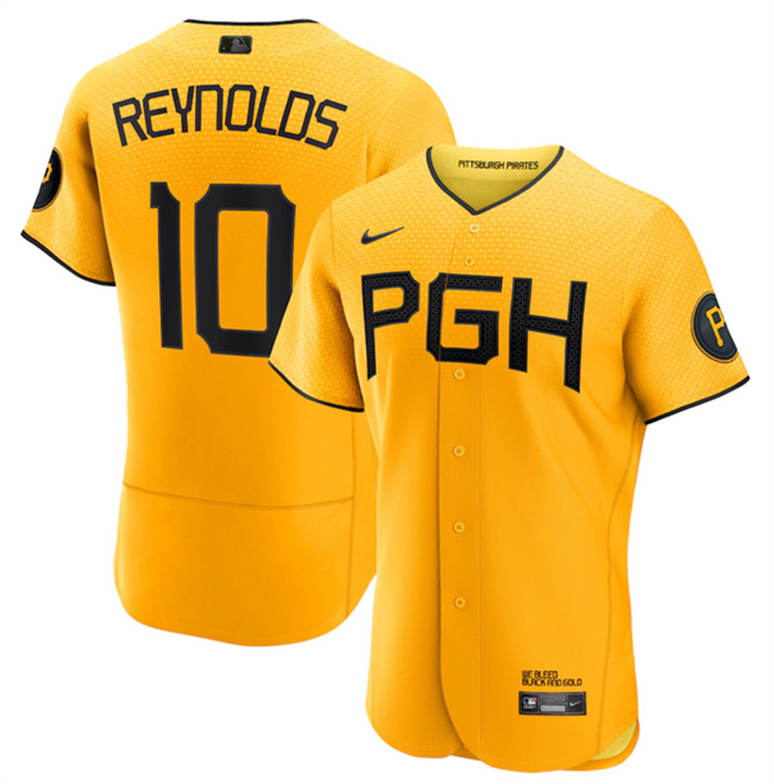 Men's Pittsburgh Pirates #10 Bryan Reynolds Gold 2023 City Connect Flex Base Stitched Jersey Men's Pittsburgh Pirates #10 Bryan Reynolds Gold 2023 City Connect Flex Base Stitched Jersey