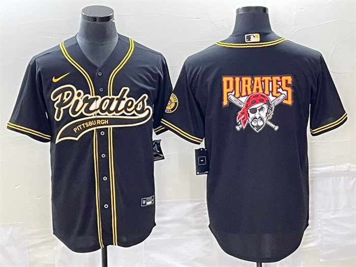 Men's Pittsburgh Pirates Black Team Big Logo Cool Base Stitched Baseball Jersey Men's Pittsburgh Pirates Black Team Big Logo Cool Base Stitched Baseball Jersey