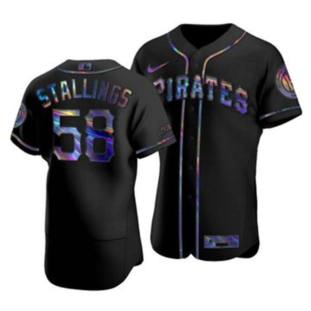 Pittsburgh Pirates #58 Jacob Stallings Men's Nike Iridescent Holographic Collection MLB Jersey - Black Pittsburgh Pirates #58 Jacob Stallings Men's Nike Iridescent Holographic Collection MLB Jersey - Black
