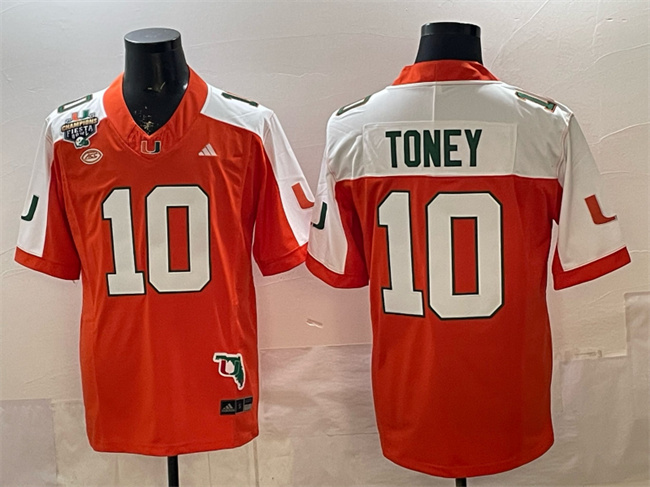 Men's Miami Hurricanes #10 Malachi Toney Orange Alternate F.U.S.E. Fiesta Bowl Champions & Florida Patch Stitched Football Jersey Men's Miami Hurricanes #10 Malachi Toney Orange Alternate F.U.S.E. Fiesta Bowl Champions & Florida Patch Stitched Football Jersey
