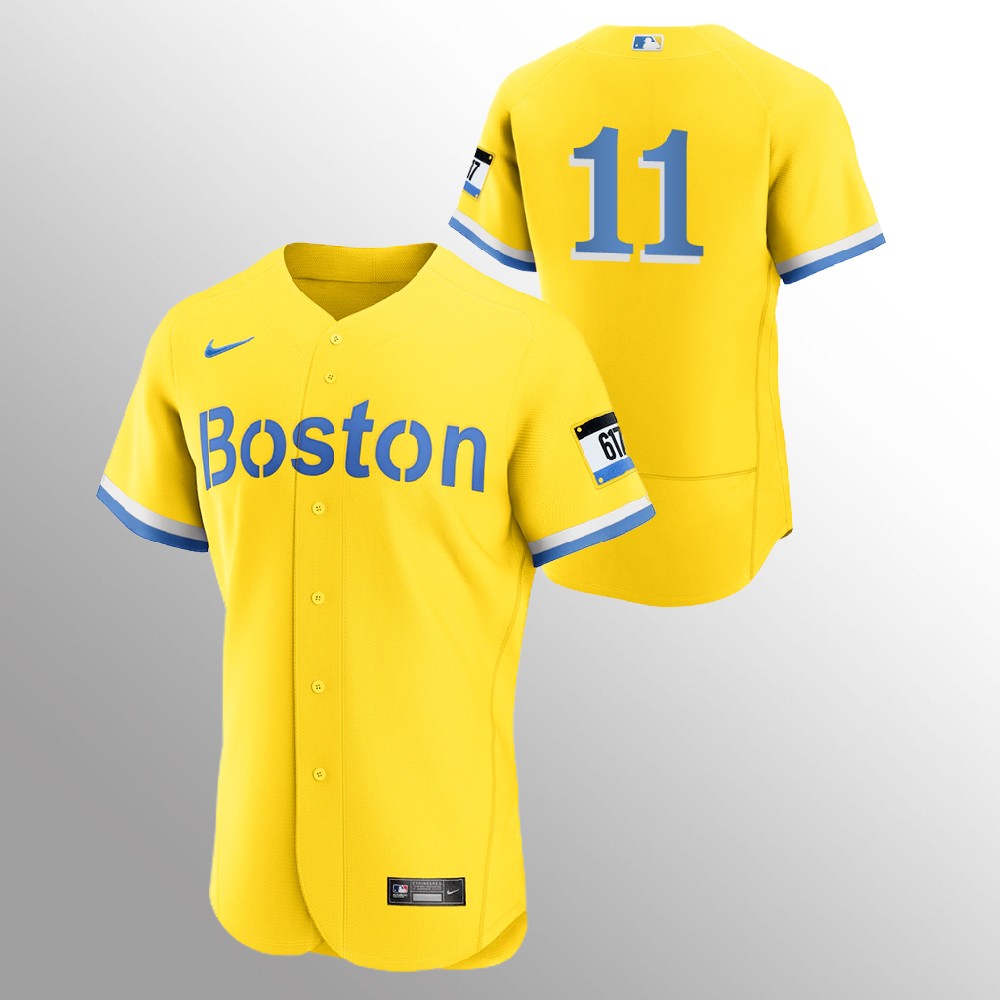 Boston Red Sox #11 Rafael Devers Men's Nike 2021 City Connect Gold Authentic MLB Jersey - No Name Boston Red Sox #11 Rafael Devers Men's Nike 2021 City Connect Gold Authentic MLB Jersey - No Name