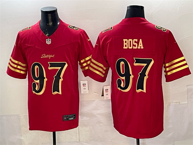 Men's San Francisco 49ers #97 Nick Bosa Red Gold 2025 F.U.S.E. “Rivalries” Vapor Limited Stitched Football Jersey Men's San Francisco 49ers #97 Nick Bosa Red Gold 2025 F.U.S.E. “Rivalries” Vapor Limited Stitched Football Jersey