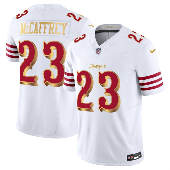 Men's San Francisco 49ers #23 Christian McCaffrey White Gold 2025 F.U.S.E. “Rivalries” Vapor Limited Stitched Football Jersey Men's San Francisco 49ers #23 Christian McCaffrey White Gold 2025 F.U.S.E. “Rivalries” Vapor Limited Stitched Football Jersey