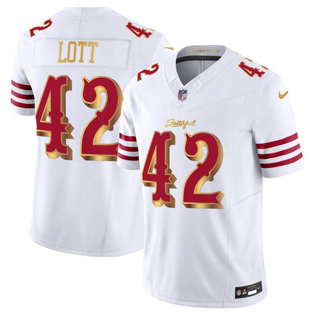 Men's San Francisco 49ers #42 Ronnie Lott White Gold 2025 F.U.S.E. “Rivalries” Vapor Limited Stitched Football Jersey Men's San Francisco 49ers #42 Ronnie Lott White Gold 2025 F.U.S.E. “Rivalries” Vapor Limited Stitched Football Jersey