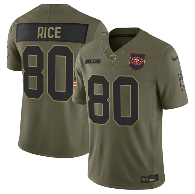 Men's San Francisco 49ers #80 Jerry Rice Olive 2025 F.U.S.E. Salute to Service Limited Stitched Football Jersey