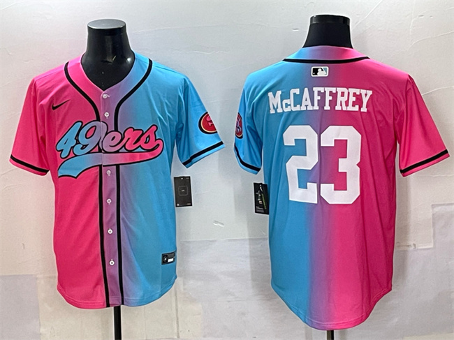 Men's San Francisco 49ers #23 Christian McCaffrey Pink Blue Limited Stitched Baseball Jersey Men's San Francisco 49ers #23 Christian McCaffrey Pink Blue Limited Stitched Baseball Jersey